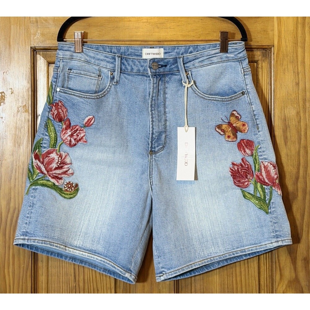 NWT Driftwood Aria Beaded Embroidered Denim Bermuda Shorts Size 30 Twirly Tulips